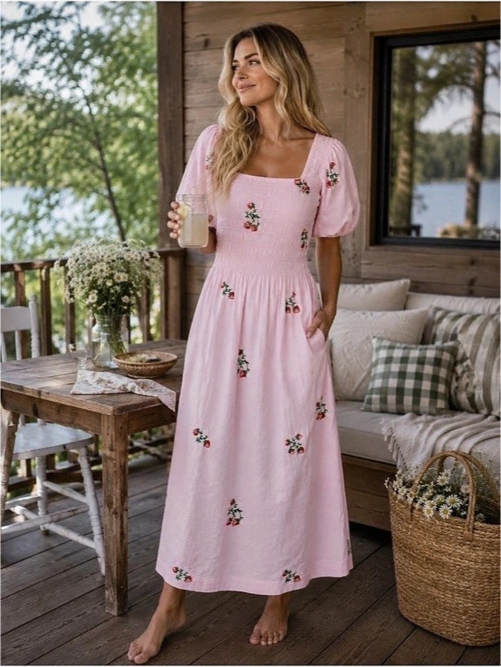 Japna strawberry Embroidered Midi Dress in Pink Size Medium 🍓